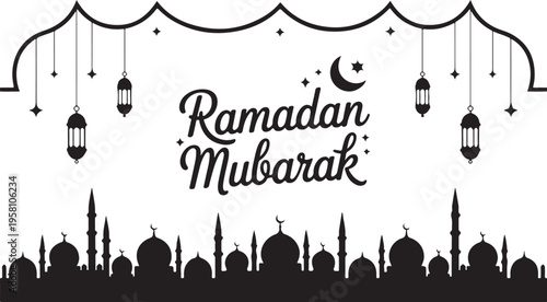 Ramadan Mubarak greeting card with mosque silhouette and lanterns