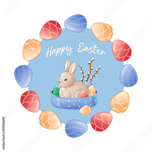Happy Easter round frame with Cute bunny, willow branch and painted eggs. Easter greeting card. Textured vector illustration. Watercolor effect.