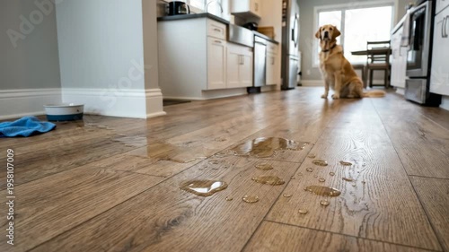 Golden retriever dog sitting in a kitchen with a large water puddle spilled on a brown wood laminate floor