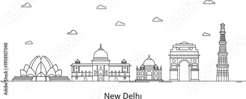 Minimalist New Delhi landmarks line art illustration featuring India Gate, Taj Mahal, Lotus Temple and Qutub Minar with clean architectural outline design