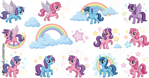 Cute fantasy ponies set with wings, rainbow, clouds and stars, magical unicorn cartoon characters for kids vector illustration collection