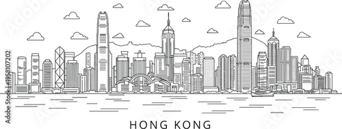 Minimalist Hong Kong skyline line art illustration featuring iconic skyscrapers, modern cityscape with clean outline design and detailed urban architectural elements