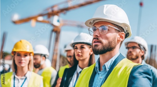 Construction site meeting urban environment group of professionals management overview business strategy