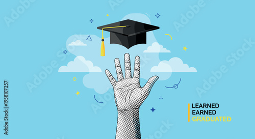 Creative graduation concept with raised hand tossing mortarboard cap in sky with clouds and abstract elements for education success achievement celebration design