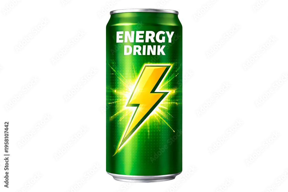 Fototapeta premium Green Energy Drink Can with Lightning Bolt – Refreshing Power Beverage Concept isolated on transparent background