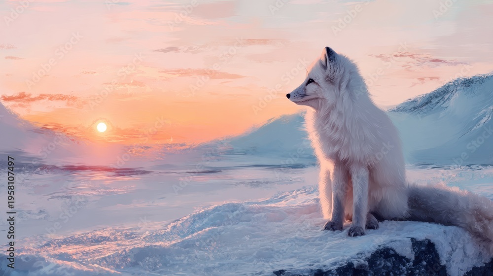 Fototapeta premium Arctic fox sitting on snow during sunset. Wild animal in frozen landscape. Nature scenery with tundra background and orange sky. Cold climate wildlife photography with winter atmosphere.