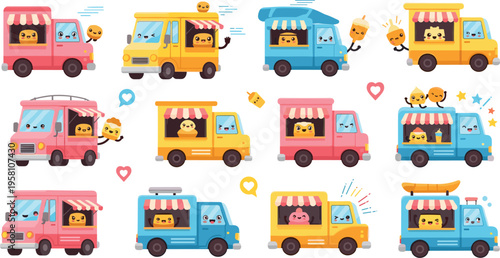 Cute food truck collection with cartoon vehicles and funny characters, street food delivery vans in colorful flat vector illustration set for kids design