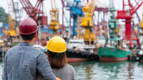 Industrial couple overlooking harbor with cranes at work urban setting photography romantic viewpoint commitment to industry