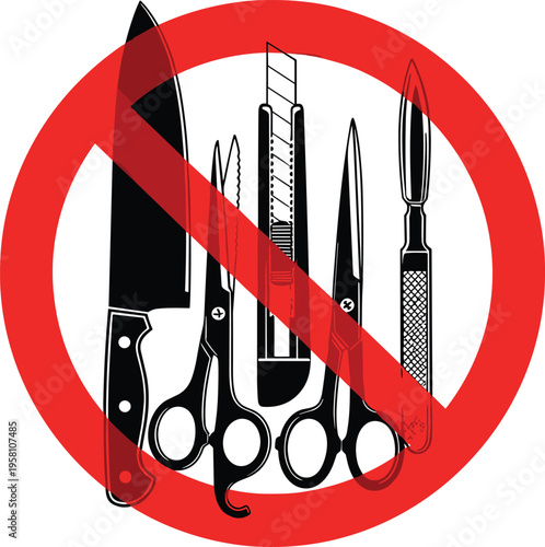 No sharp objects sign featuring prohibited knife scissors and tools icons in red prohibition circle