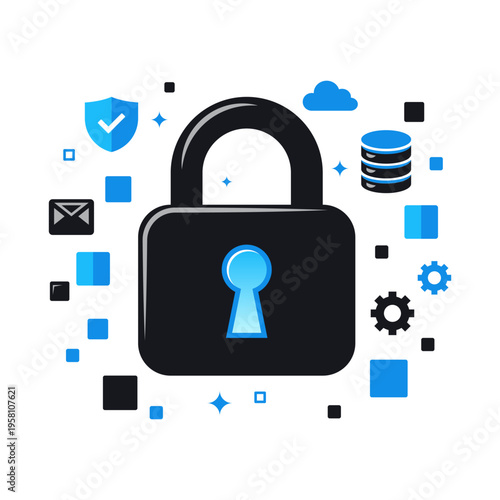Cybersecurity Data Protection Concept with Lock Icon, Cloud Security and Encryption Symbols