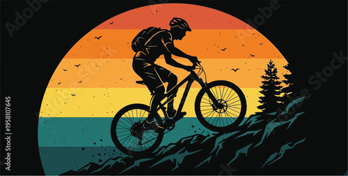 Mountain Biker Riding on Trail at Sunset, Adventure and Outdoor Vector Illustration