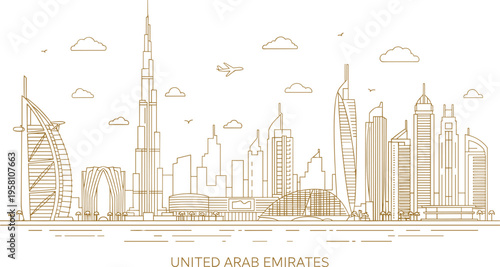 Minimalist United Arab Emirates skyline golden line art illustration featuring Burj Khalifa and modern Dubai architecture with elegant urban outline cityscape design