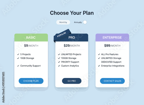 Comparing pricing plans on a website with three cards displayed