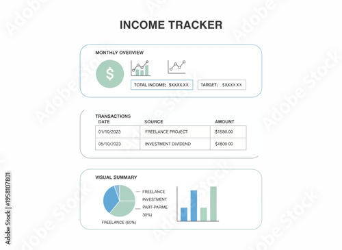 The income tracker displays financial data with charts and tables on a screen.