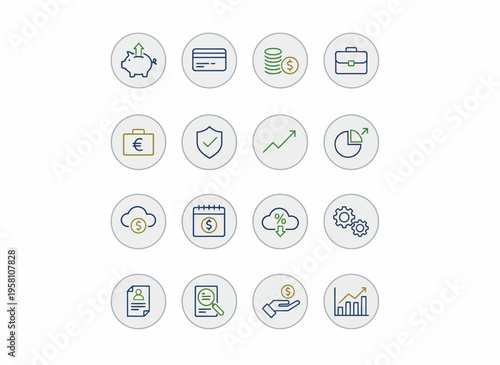 Financial icons representing various business and technology concepts are displayed.
