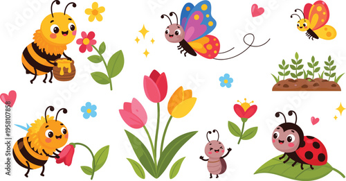 Cute garden insects set with bees, butterflies and ladybug, colorful spring flowers and nature elements, cartoon vector illustration collection