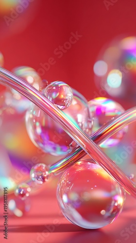 A playful arrangement of transparent bubbles floats gracefully against a bold red background. Shimmering reflections from the bubbles create an enchanting atmosphere filled with color and light