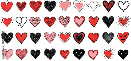 Collection of hand drawn hearts in red and pink doodle style valentine day romantic symbols