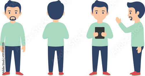 Cartoon vector character of man in multiple poses and perspectives, showcasing design for animation and storytelling