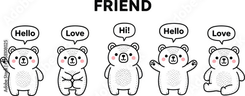 Cartoon vector bears with speech bubbles and friendship theme, featuring cute greetings and affectionate expressions