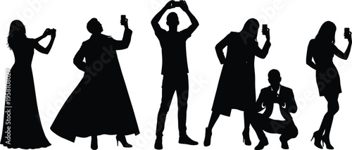 Collection of diverse people silhouettes taking selfies and photos with smartphones for social media and digital technology lifestyle concepts.