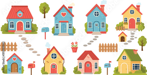Cute Cartoon Houses Collection with Suburban Homes Trees Mailboxes Fences and Garden Elements for Neighborhood Illustration, Real Estate Design and Residential Concept Set