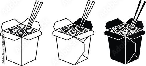 Chinese take out noodle box with chopsticks in three styles: outline, filled outline, and solid silhouette.