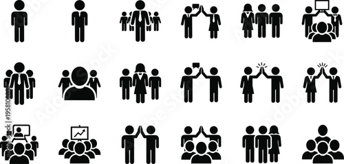 Collection of business icons depicting people in various interactions, teamwork, meetings, and success.