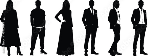 Diverse group of professional men and women silhouettes wearing business suits and casual fashion outfits for corporate and lifestyle designs.