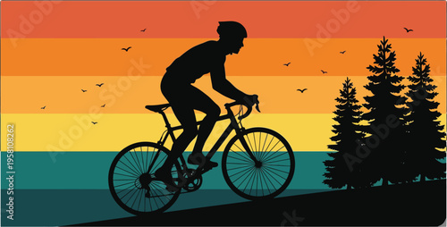 Cyclist Riding Bicycle at Sunset Landscape Vector, Outdoor Adventure Illustration