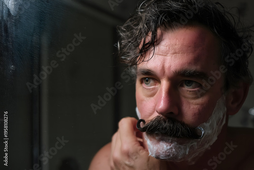 Moody close-up of a man shaving in bathroom mirror, curled mustache and shaving foam, soft window light, introspective morning grooming routine.