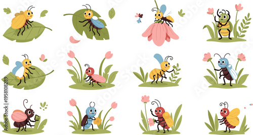 Cute garden insects set with beetles, bees and bugs on leaves and flowers, colorful nature cartoon vector illustration collection
