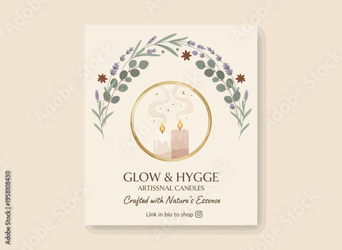 A serene scene of artisanal candles on a package with floral design and lit flames in a cozy atmosphere indoors