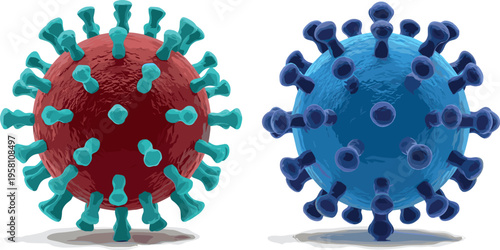 Detailed realistic virus cells in red and blue colors with 3D structure isolated on light background for medical healthcare and microbiology concept