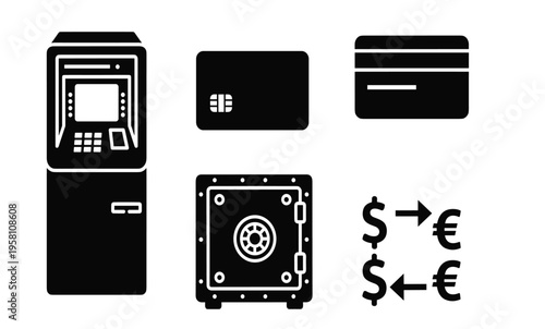 Banking and financial transaction icons.