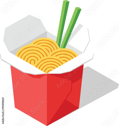Chinese take out box with noodles and chopsticks illustration isolated on transparent grid background