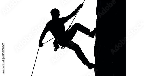 Mountain Climber Silhouette vector graphic illustration of a determined rock climber ascending a sheer vertical surface using ropes against a bright white negative space background