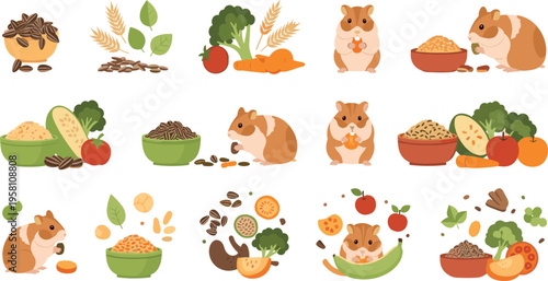Cute hamster food and feeding set with grains vegetables fruits and bowls, pet nutrition elements flat vector illustration collection for small animal care