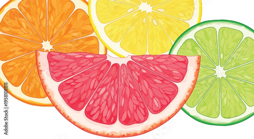 Vibrant Slices of Citrus Fruits Orange, Lemon, Lime, and Grapefruit - A Refreshing Tropical Medley