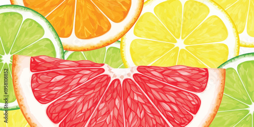 Colorful Vector Illustration of Fresh Citrus Fruit Slices – A Refreshing Pattern of Grapefruit, Orange, Lemon, and Lime, Perfect for Healthy Lifestyle and Bright Designs