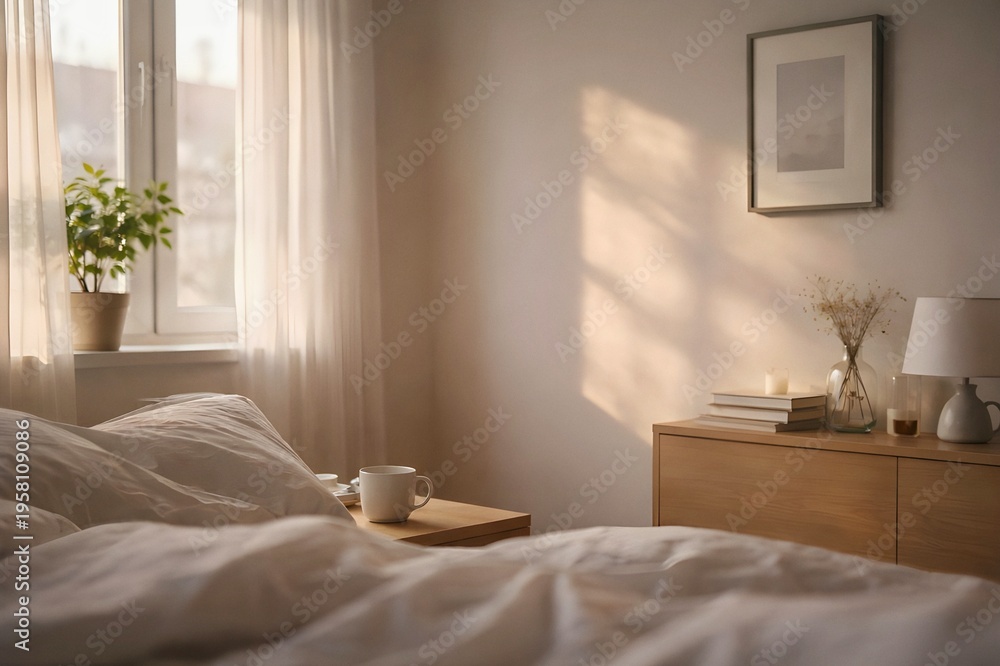 Fototapeta premium Cozy Minimal Bedroom with Soft Morning Sunlight, Calm and Relaxing Atmosphere