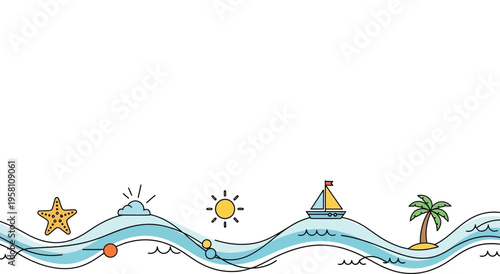 Charming Seaside Scene with Nautical Elements and Sunny Weather, Illustrating a Relaxing Summer Vacation by the Ocean