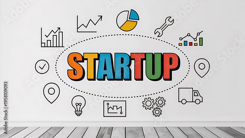 Creative startup business concept with colorful typography and innovation icons background