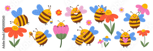 Cute honey bee clipart set with flowes. Hand drawn doodle illustration for spring and summer designs, print, kids room decor, stickers, baby shower, nursery poster, cover. Flat vector