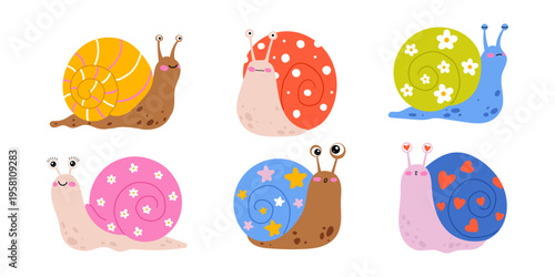 Cute snail clipart set with colorful shells. Hand drawn doodle illustration for kids room decor, stickers, nursery posters, baby shower stationery and summer covers. Flat vector
