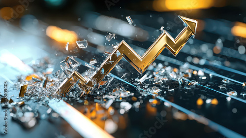 Giant interest rate symbol breaks through shattered surface, symbolizing financial growth and market dynamics. image conveys sense of resilience
