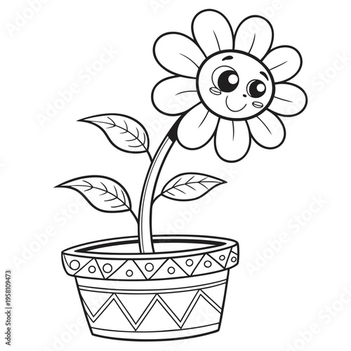 A smiling cartoon flower in a decorative pot with leaves, drawn in black and white, conveying happiness and innocence in a simple line art style.