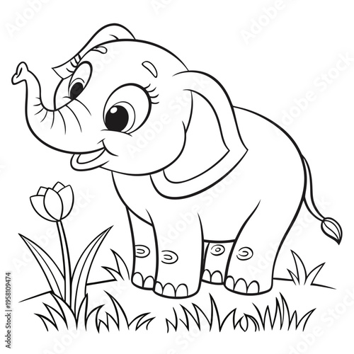 A cute cartoon elephant standing in grass with a flower, smiling and looking happy, with a playful and innocent expression on its face.