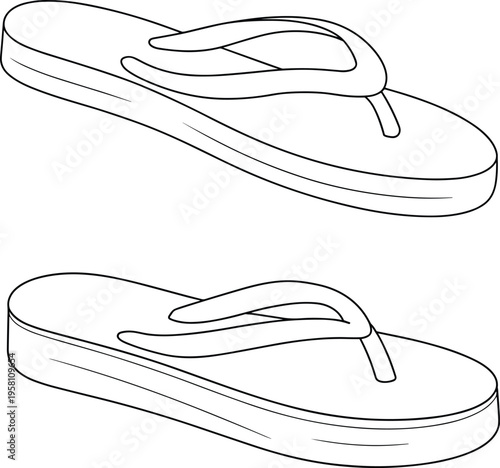 Flip-flop vector mock-up, pair of blank summer thong sandals technical sketch for footwear design