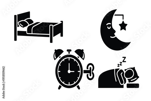 Black and white sleep icons set.